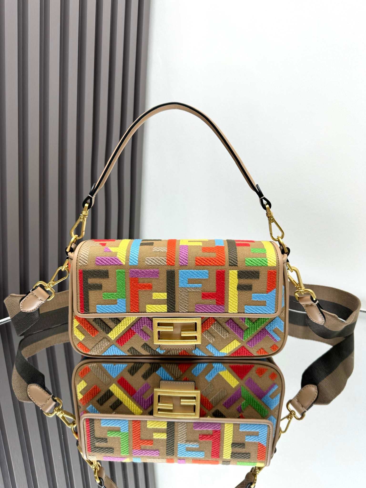 Fendi Baguette Crossbody Canvas Bag - Griserik