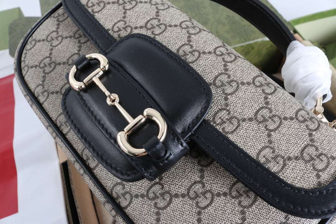 Gucci GG 1955 Horsebit Canvas Shoulder Bag Black - Griserik