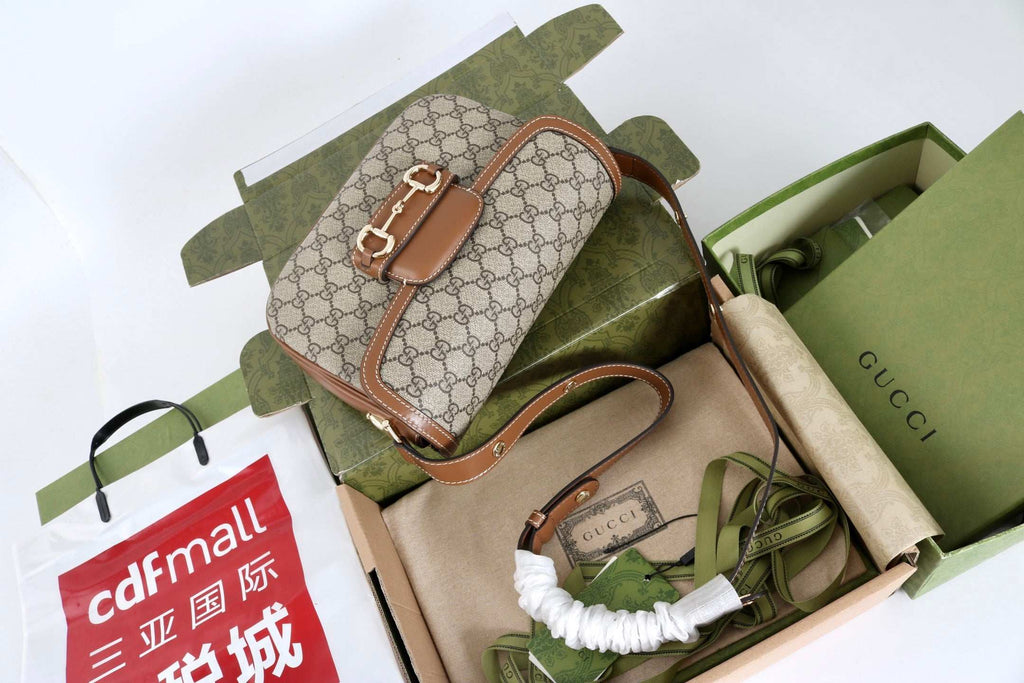 Gucci GG 1955 Horsebit Canvas Shoulder Bag Brown - Griserik