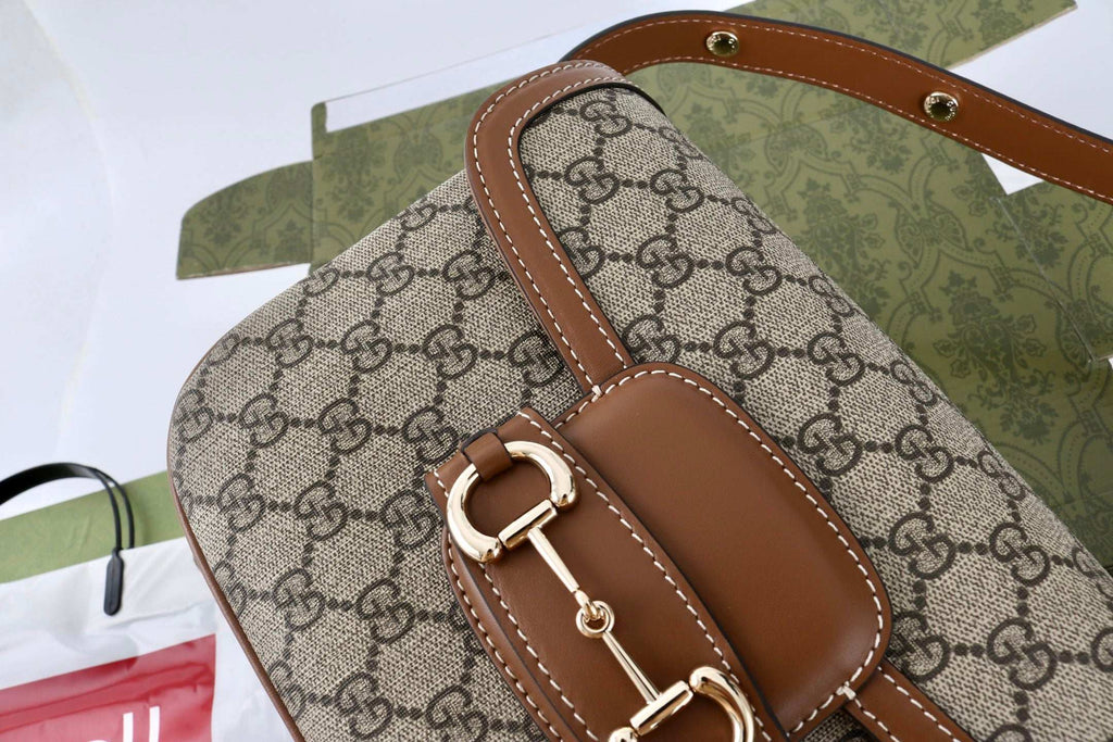 Gucci GG 1955 Horsebit Canvas Shoulder Bag Brown - Griserik