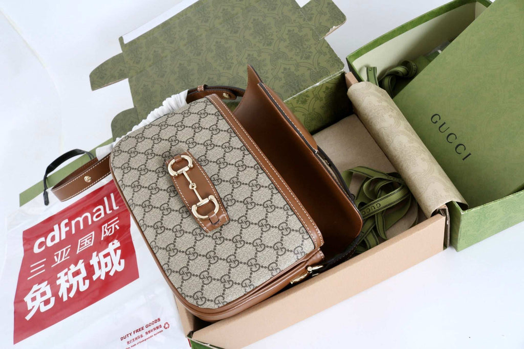 Gucci GG 1955 Horsebit Canvas Shoulder Bag Brown - Griserik
