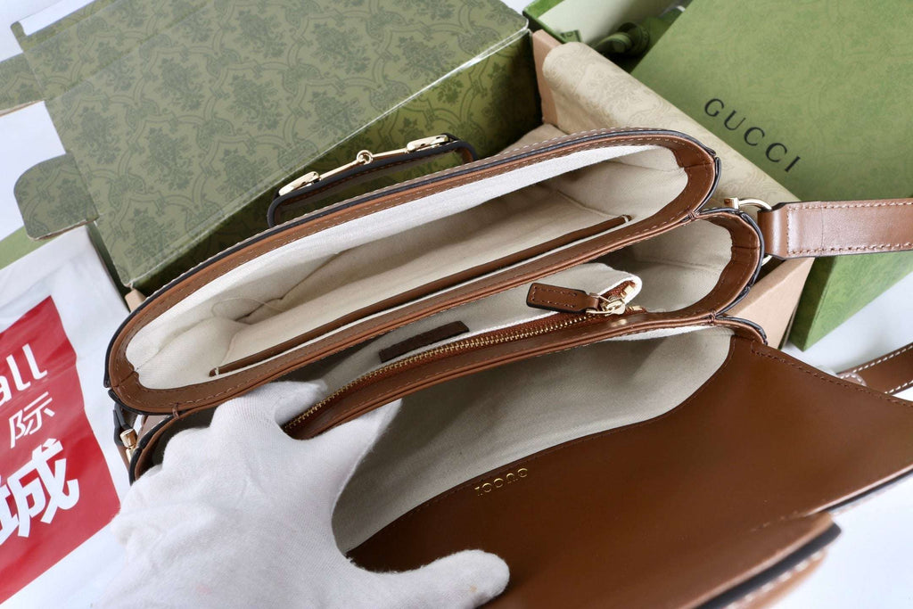 Gucci GG 1955 Horsebit Canvas Shoulder Bag Brown - Griserik