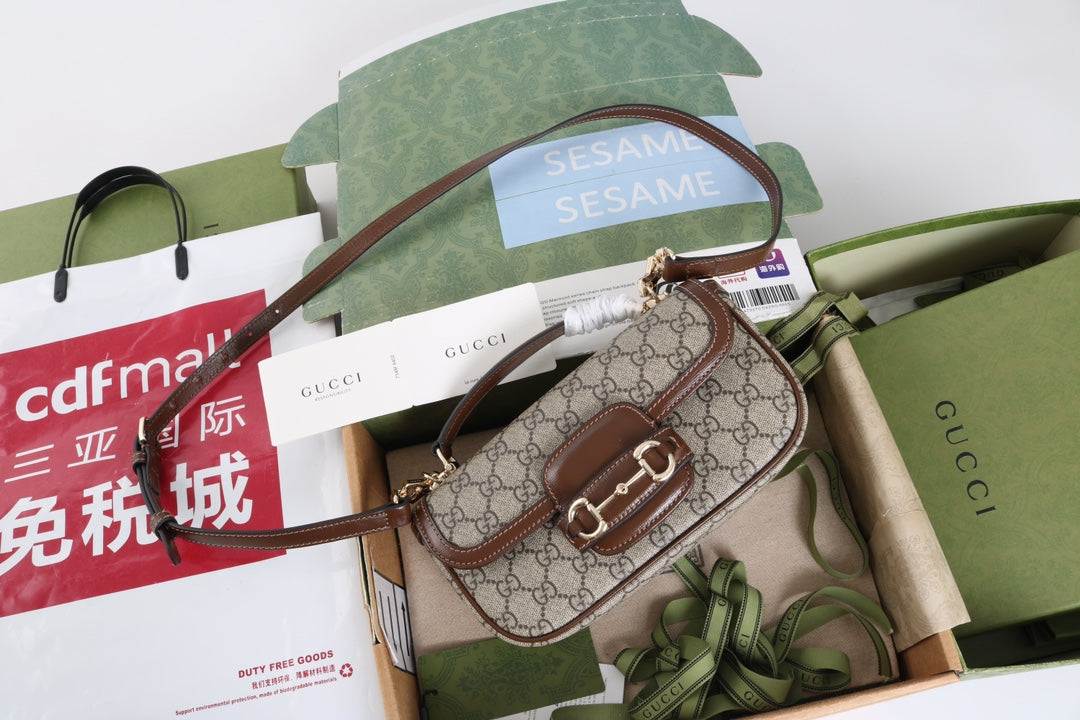 Gucci GG 1955 Horsebit Canvas Shoulder Bag Brown - Griserik