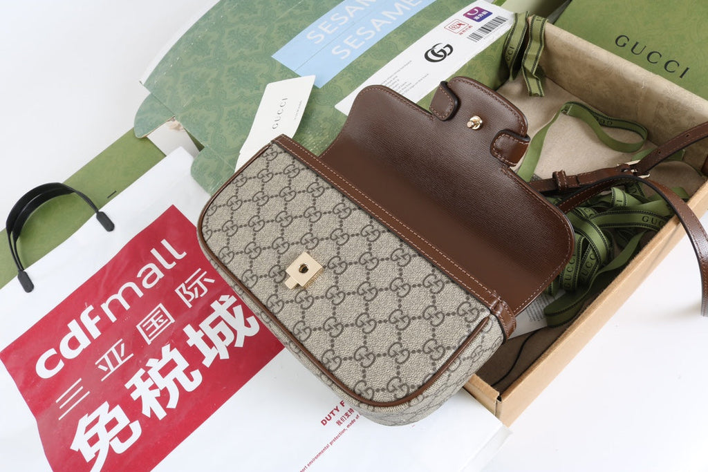 Gucci GG 1955 Horsebit Canvas Shoulder Bag Brown - Griserik