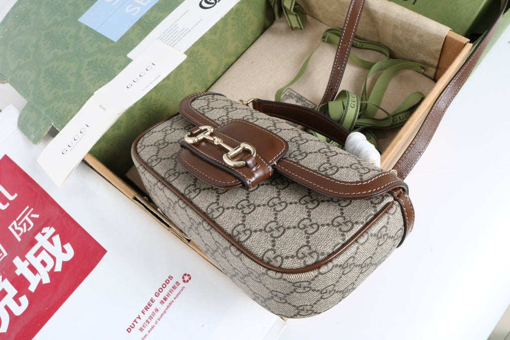 Gucci GG 1955 Horsebit Canvas Shoulder Bag Brown - Griserik