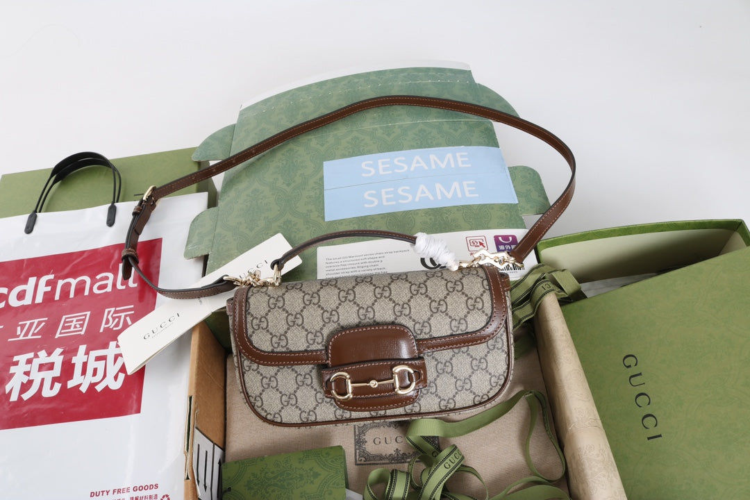 Gucci GG 1955 Horsebit Canvas Shoulder Bag Brown - Griserik