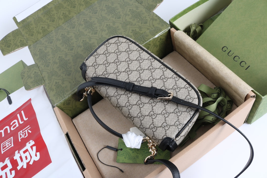 Gucci GG 1955 Horsebit Canvas Shoulder Bag Black - Griserik