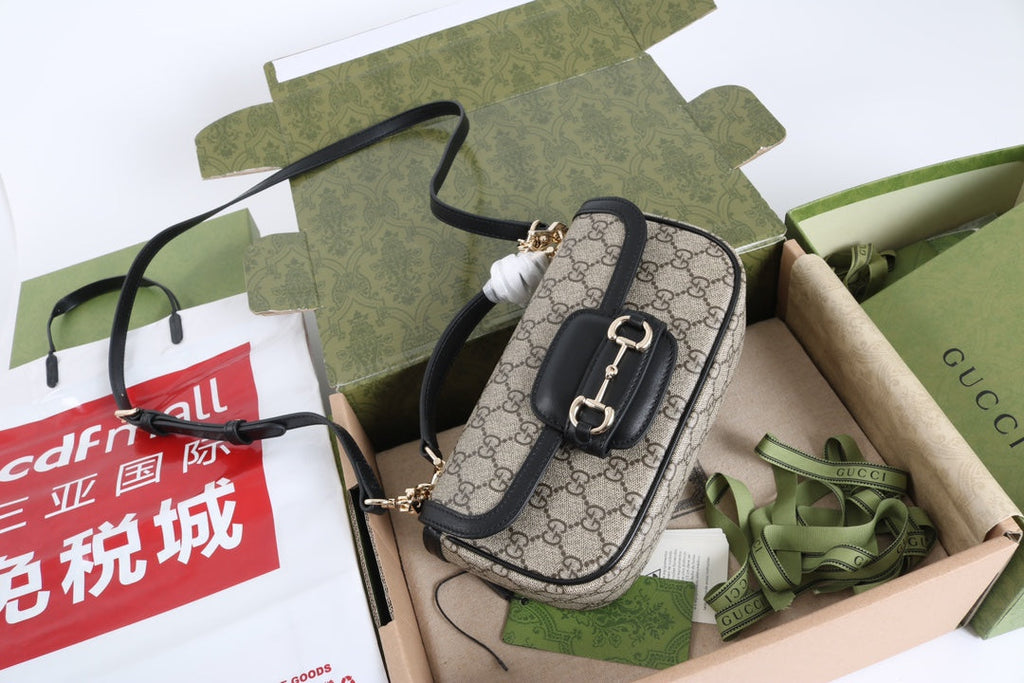 Gucci GG 1955 Horsebit Canvas Shoulder Bag Black - Griserik