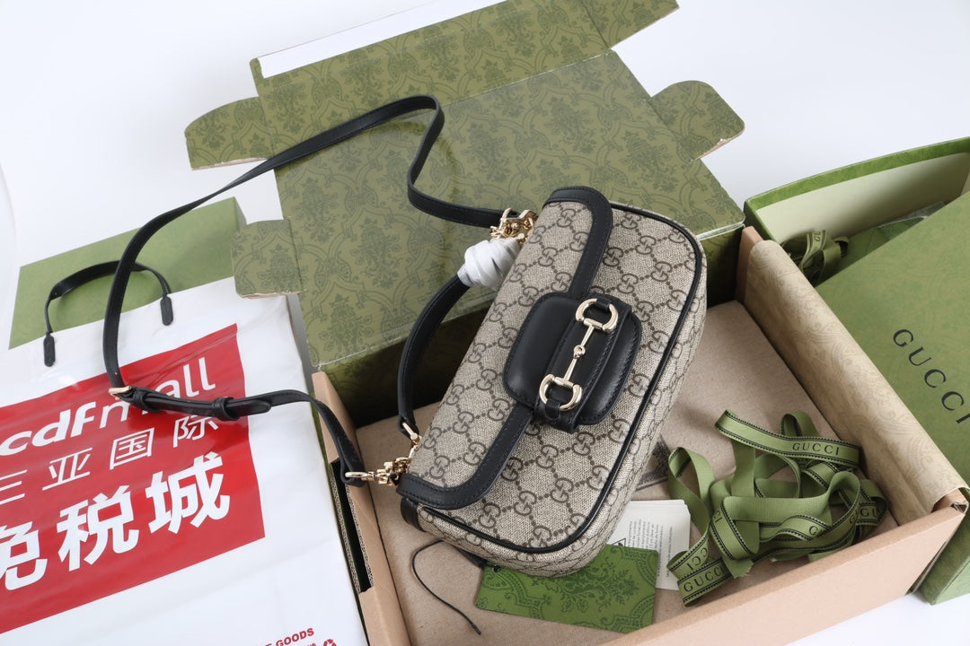 Gucci GG 1955 Horsebit Canvas Shoulder Bag Black - Griserik