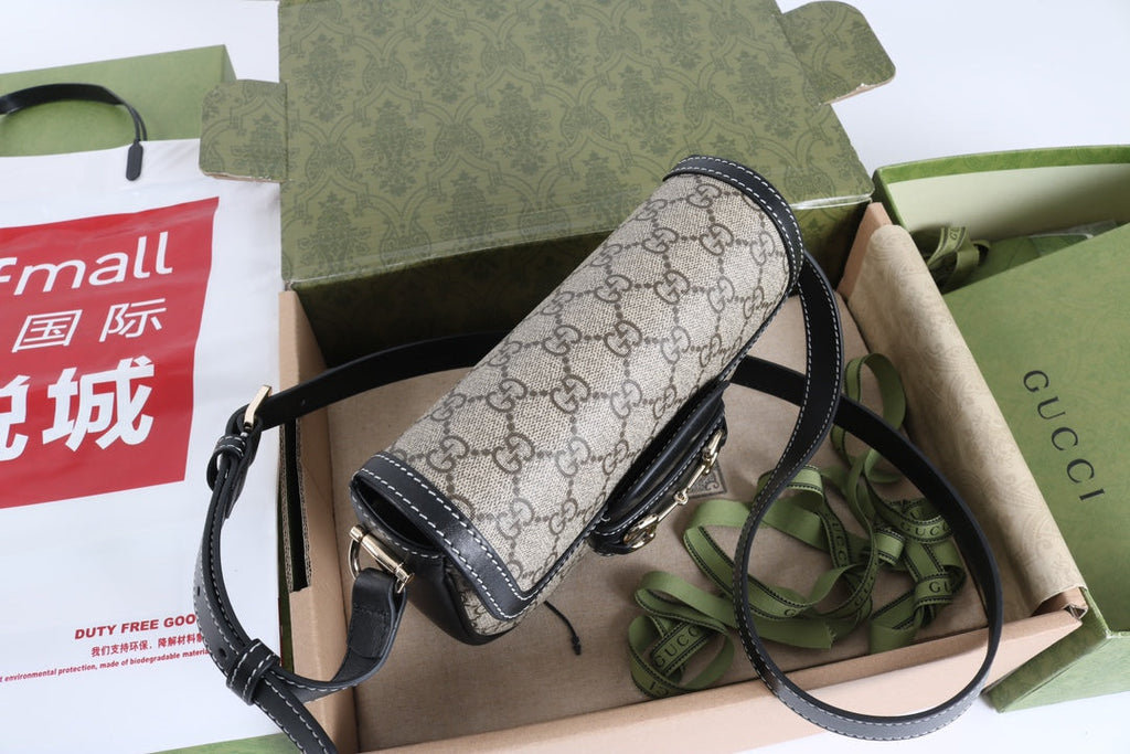 Gucci GG 1955 Horsebit Canvas Shoulder Bag Black - Griserik