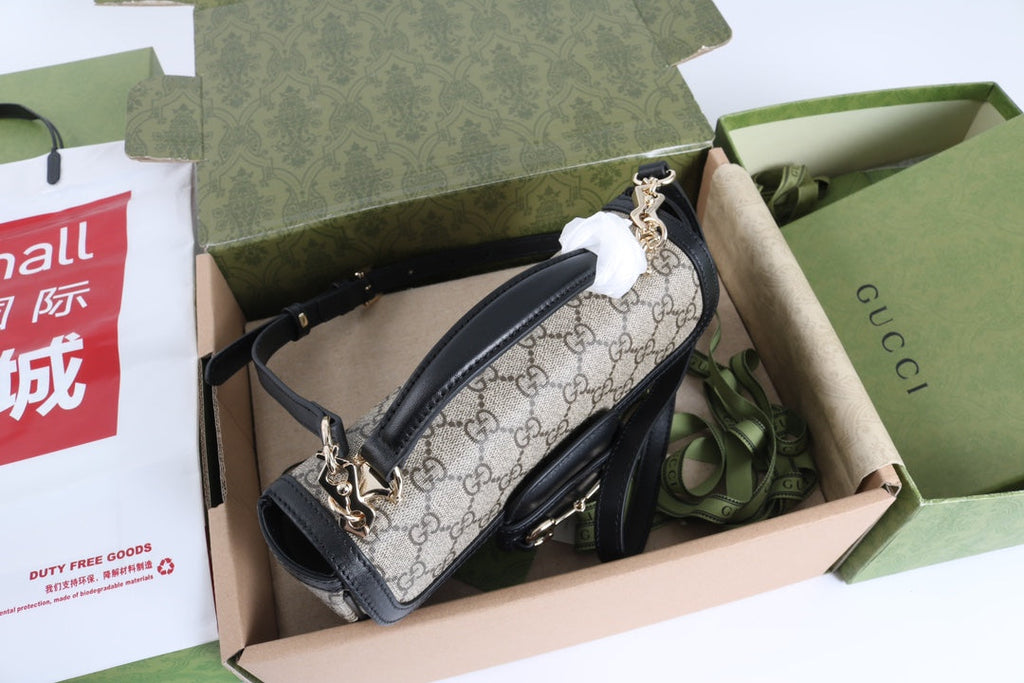 Gucci GG 1955 Horsebit Canvas Shoulder Bag Black - Griserik
