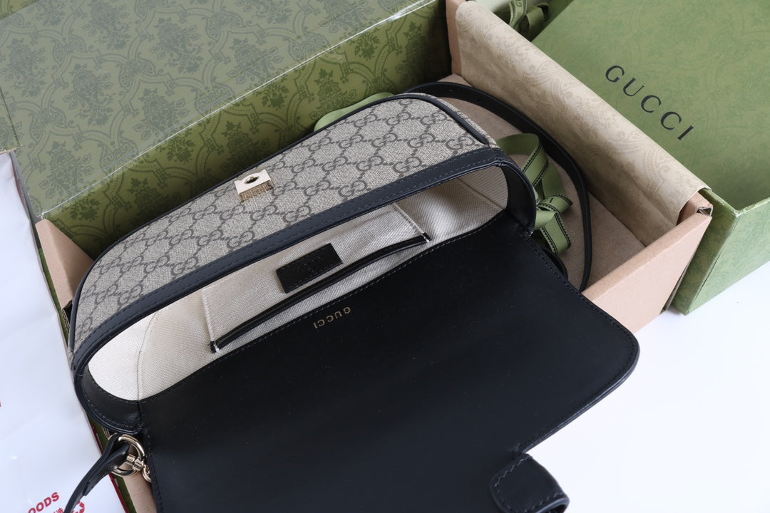 Gucci GG 1955 Horsebit Canvas Shoulder Bag Black - Griserik