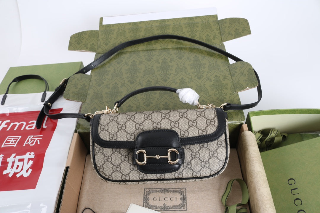 Gucci GG 1955 Horsebit Canvas Shoulder Bag Black - Griserik