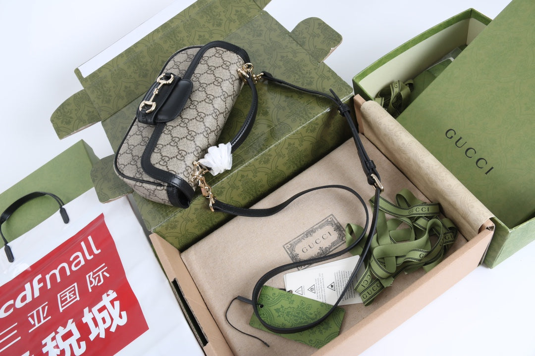 Gucci GG 1955 Horsebit Canvas Shoulder Bag Black - Griserik