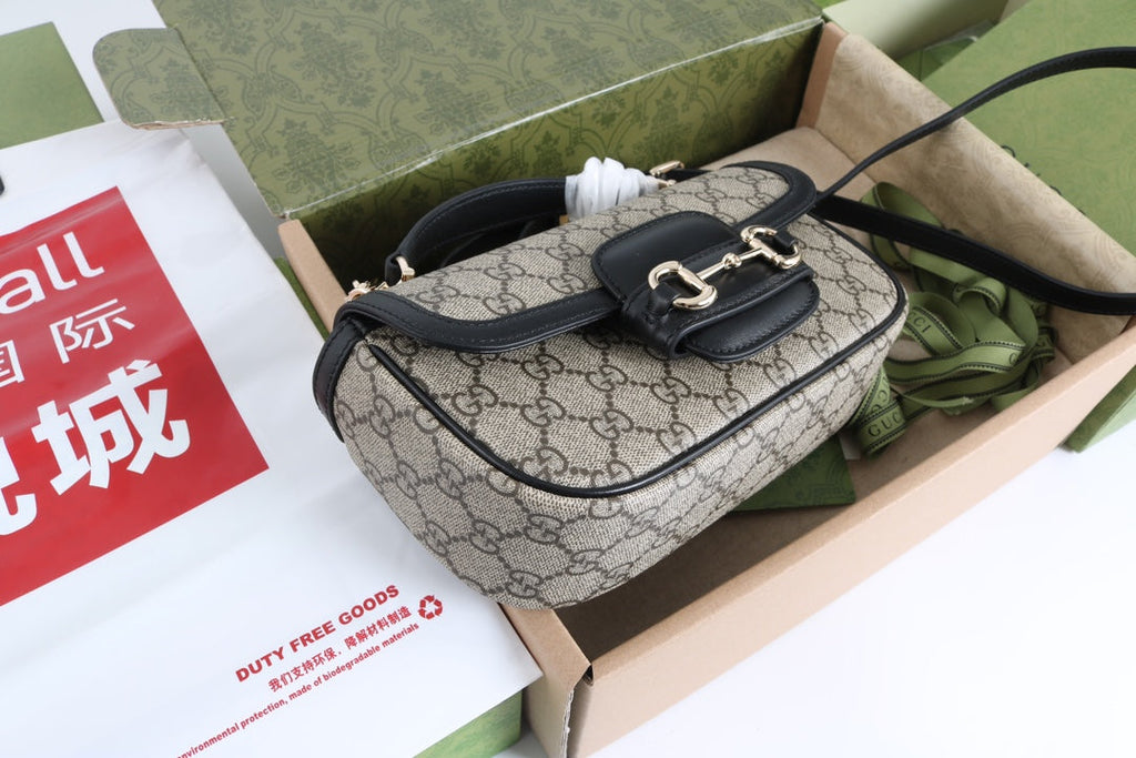 Gucci GG 1955 Horsebit Canvas Shoulder Bag Black - Griserik