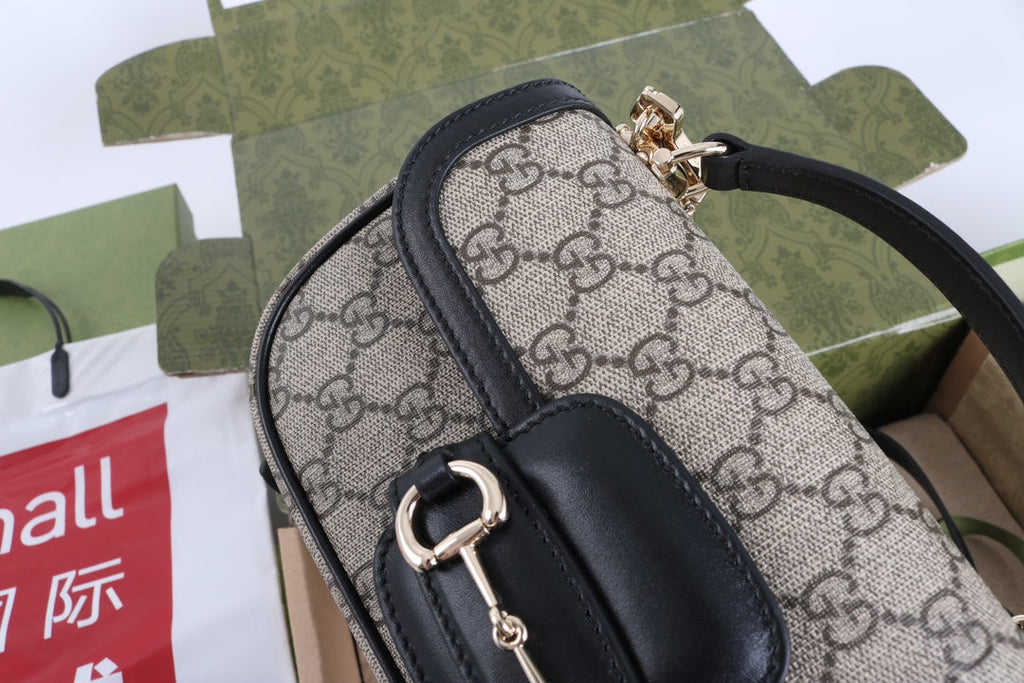 Gucci GG 1955 Horsebit Canvas Shoulder Bag Black - Griserik