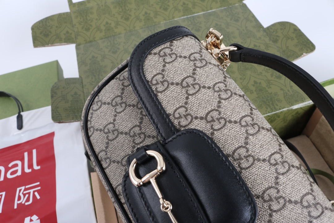 Gucci GG 1955 Horsebit Canvas Shoulder Bag Black - Griserik