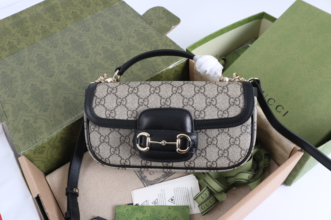 Gucci GG 1955 Horsebit Canvas Shoulder Bag Black - Griserik