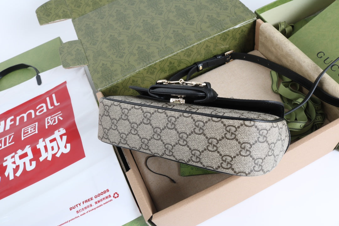 Gucci GG 1955 Horsebit Canvas Shoulder Bag Black - Griserik