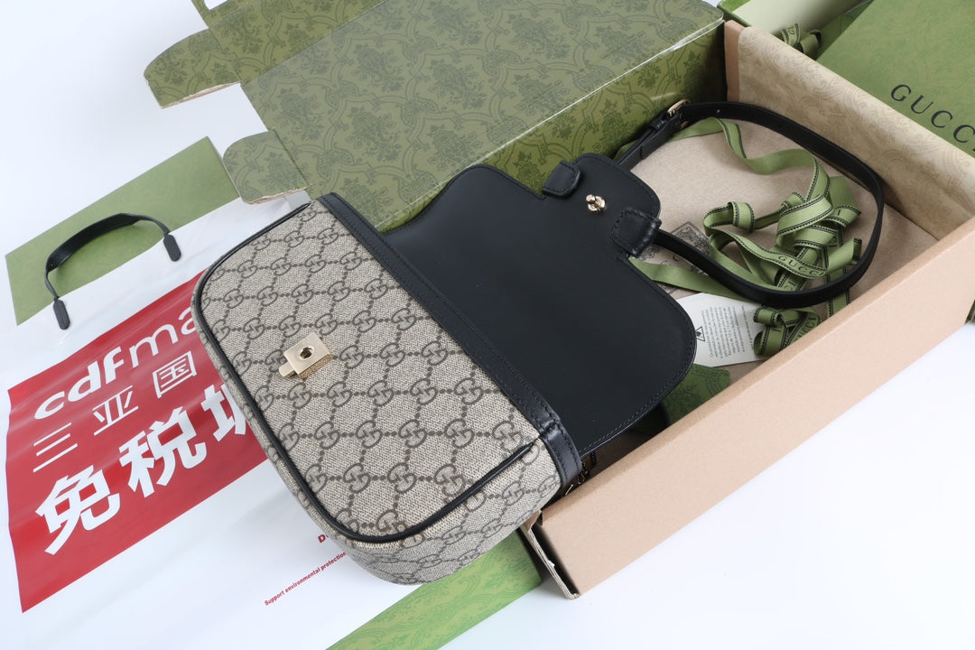 Gucci GG 1955 Horsebit Canvas Shoulder Bag Black - Griserik