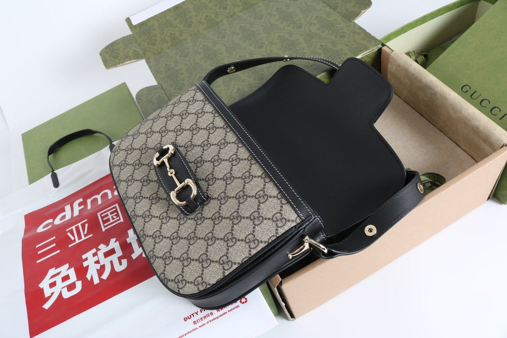 Gucci GG 1955 Horsebit Canvas Shoulder Bag Black - Griserik