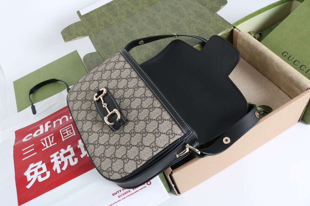 Gucci GG 1955 Horsebit Canvas Shoulder Bag Black - Griserik