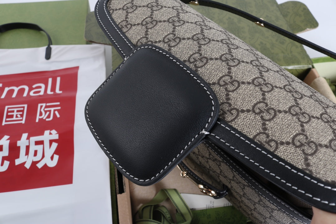 Gucci GG 1955 Horsebit Canvas Shoulder Bag Black - Griserik