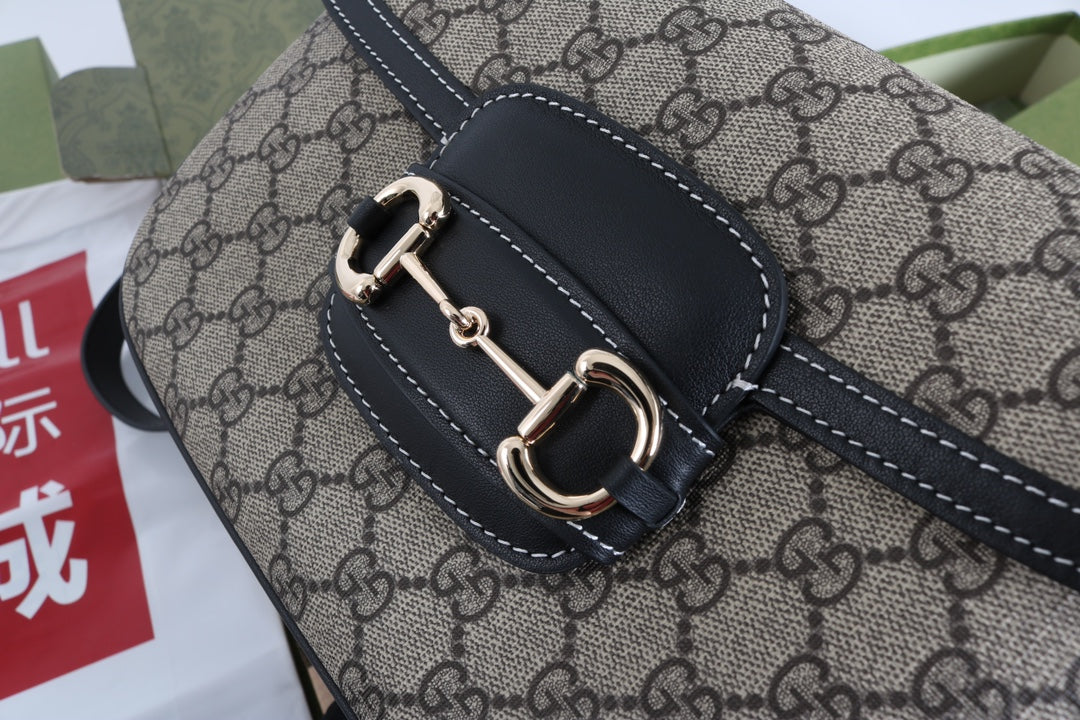 Gucci GG 1955 Horsebit Canvas Shoulder Bag Black - Griserik