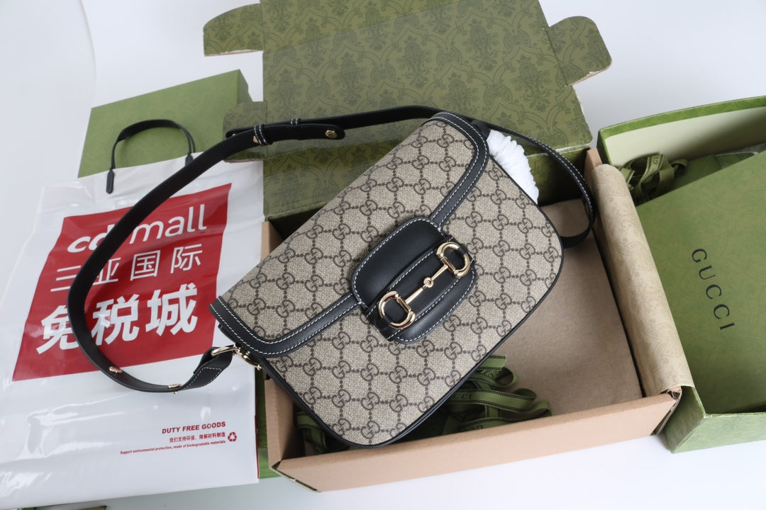 Gucci GG 1955 Horsebit Canvas Shoulder Bag Black - Griserik