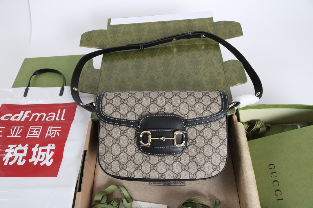 Gucci GG 1955 Horsebit Canvas Shoulder Bag Black - Griserik