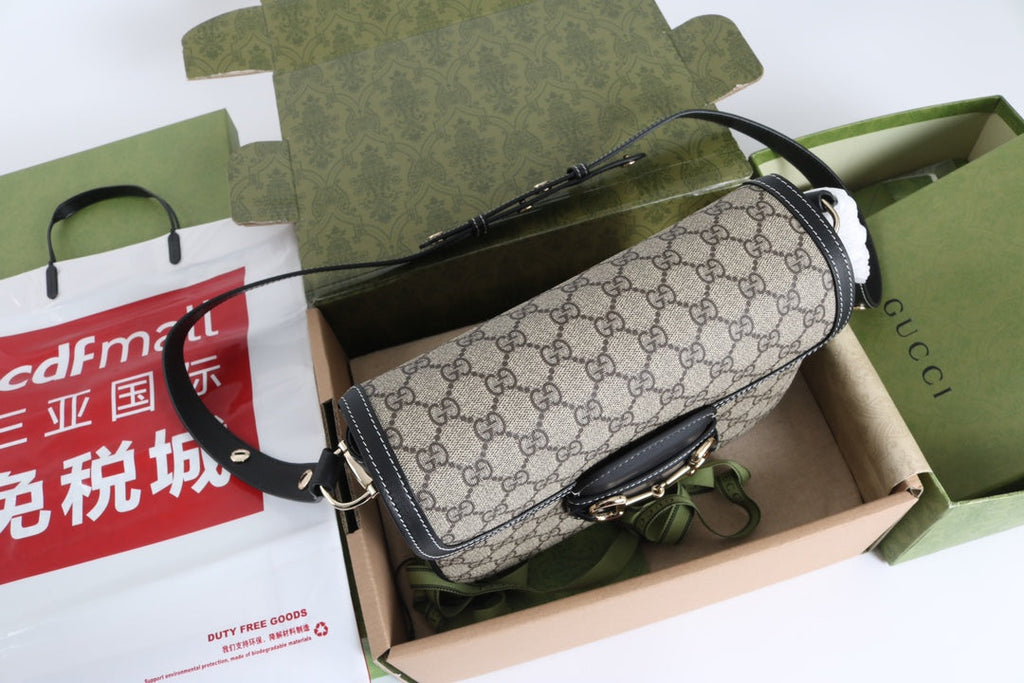 Gucci GG 1955 Horsebit Canvas Shoulder Bag Black - Griserik