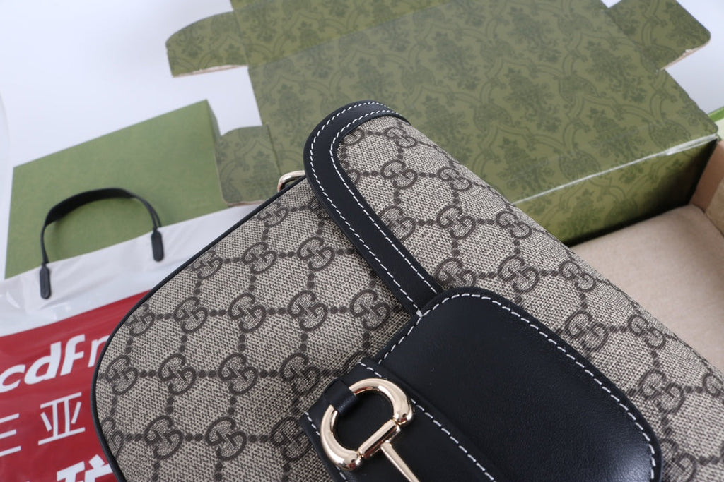 Gucci GG 1955 Horsebit Canvas Shoulder Bag Black - Griserik