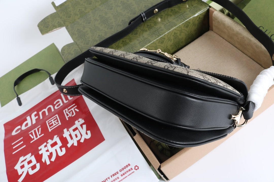 Gucci GG 1955 Horsebit Canvas Shoulder Bag Black - Griserik