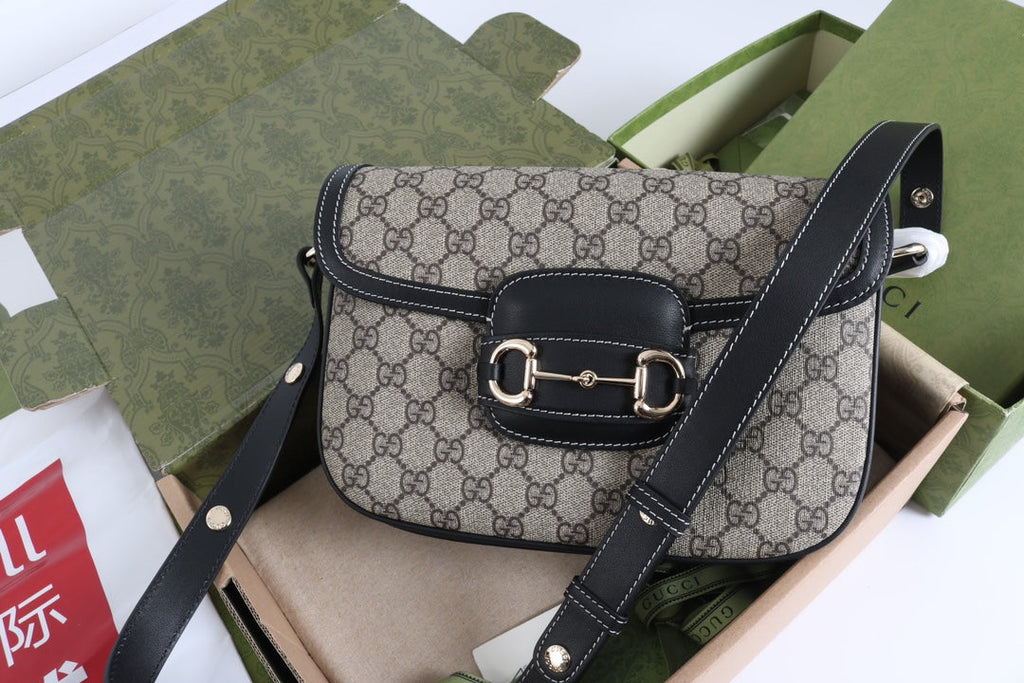 Gucci GG 1955 Horsebit Canvas Shoulder Bag Black - Griserik