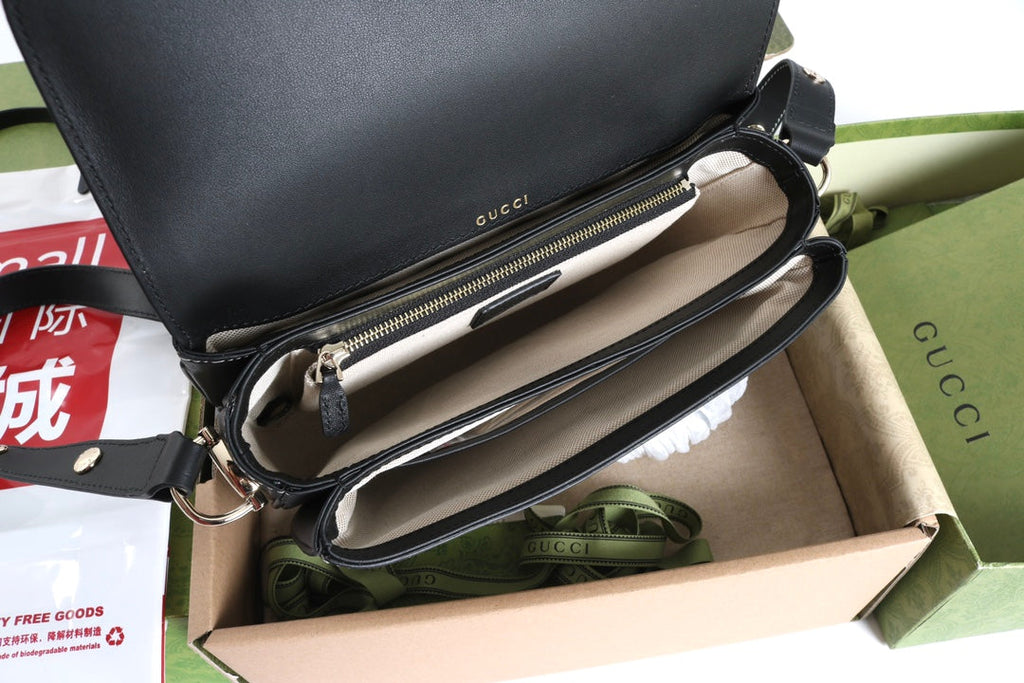 Gucci GG 1955 Horsebit Canvas Shoulder Bag Black - Griserik