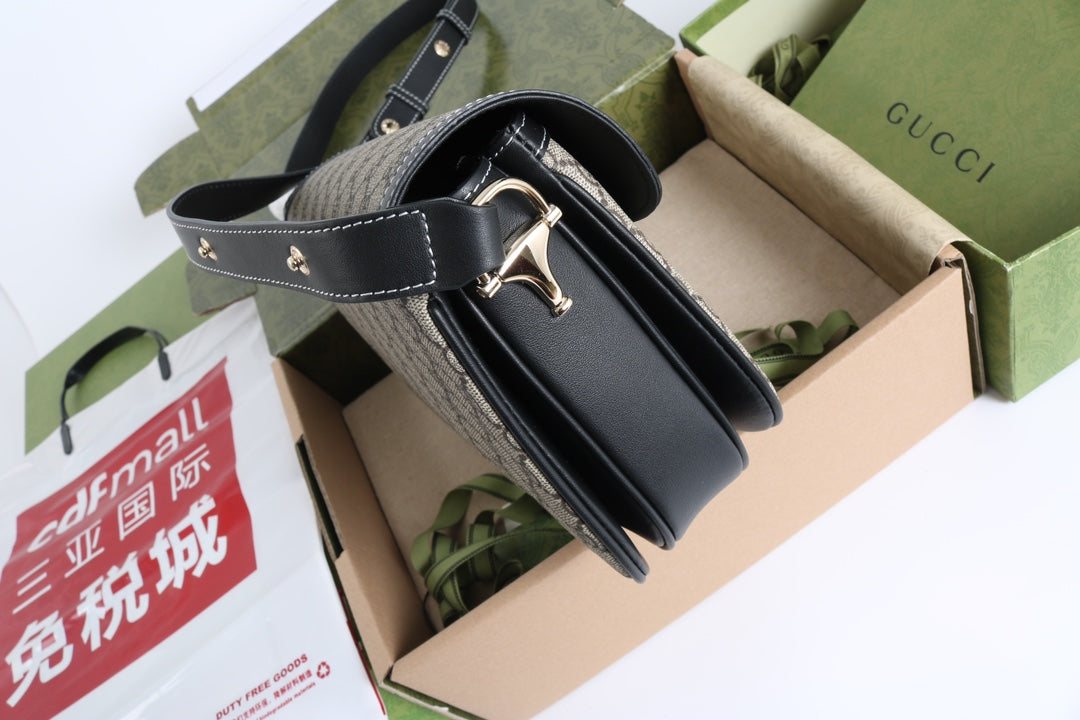 Gucci GG 1955 Horsebit Canvas Shoulder Bag Black - Griserik