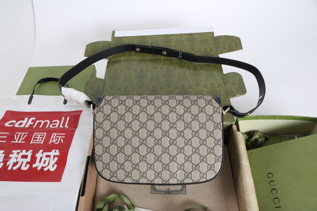 Gucci GG 1955 Horsebit Canvas Shoulder Bag Black - Griserik